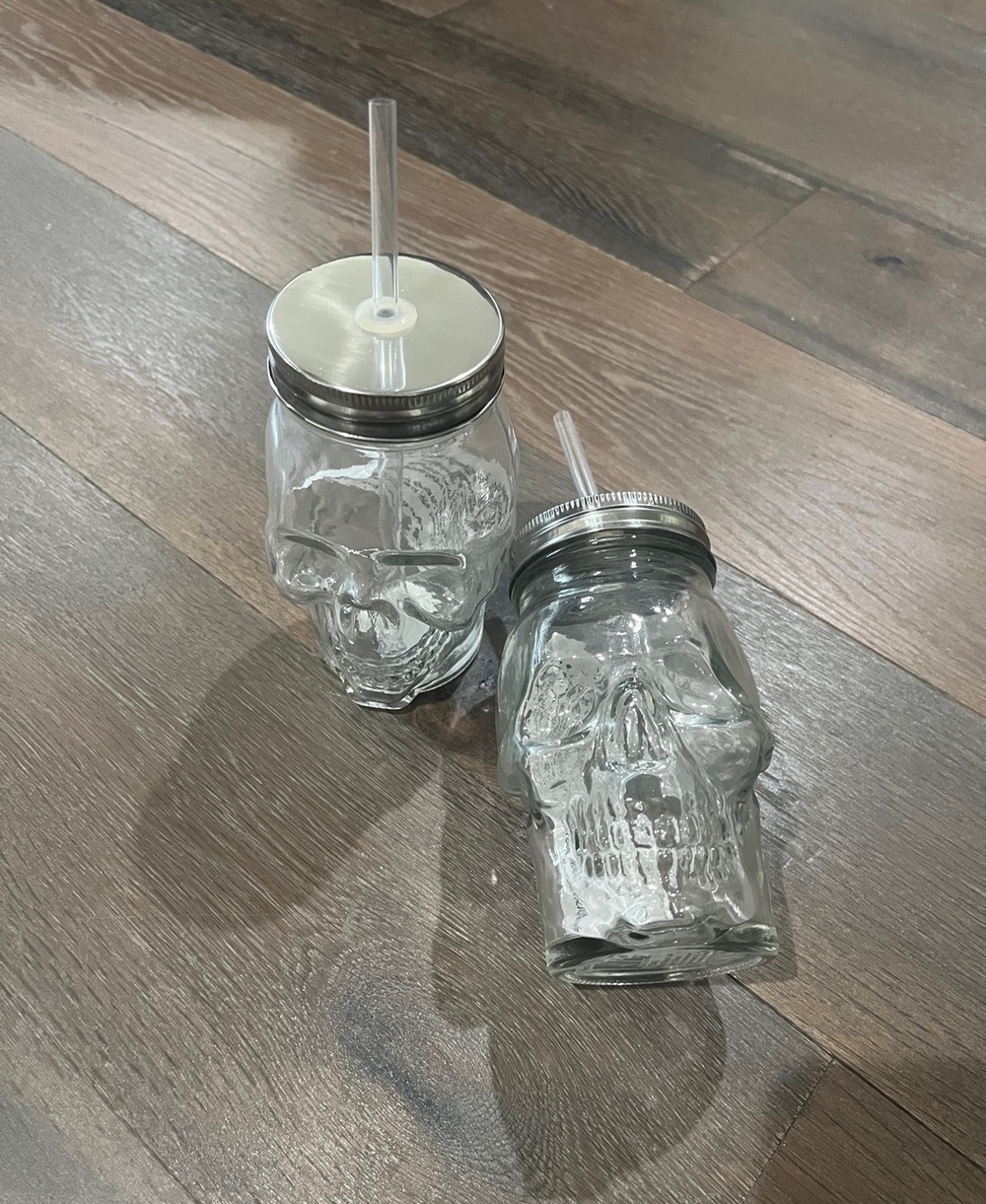 Clear Skull Mason Jar Tumblers with Silver Lids and Straws